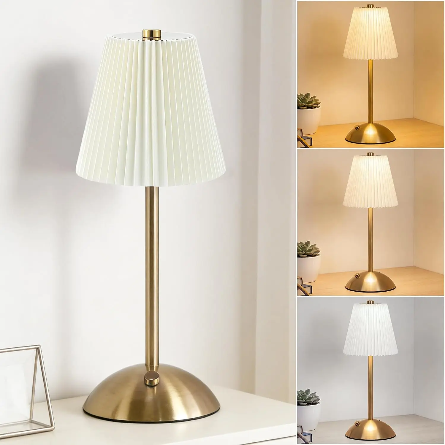Cordless Rechargeable Table Lamp with Beige Fabric Shade, Touch Control 3-Color Dimmable LED, Portable Indoor Use Light for Bedroom, Living Room, Office
