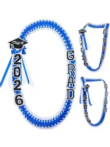 2026 Graduation Leis for Him Her - Hand-Woven Blue Braided Ribbon Lei with GRAD Letters & Cap Charm, Adjustable Graduation Money Lei with Safety Pins for Class of 2026 Graduation Ceremony Party Favors