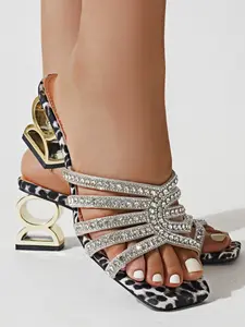 Women's Leopard Print Rhinestone Chunky Heel Sandals, Summer 2026 New Arrival, Square Toe High Heel Slippers, Elegant Dress Shoes
