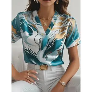 Women's Elegant Marble Print Short Sleeve Shirt - Purple & Golden Geometric Pattern V-Neck Blouse, Lightweight Non-Stretch Fabric, Machine Washable Spring Summer Casual & Formal Tops, Office Wear, Sophisticated Blouse, Quality Stitching, St