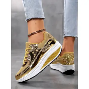 Tanaya Women's Glitter Lace Up Walking Shoes, Lightweight Breathable Comfortable Sports Shoes, Fashionable Sneakers for Daily Wear, Trendy Walking Sneaker/*-f