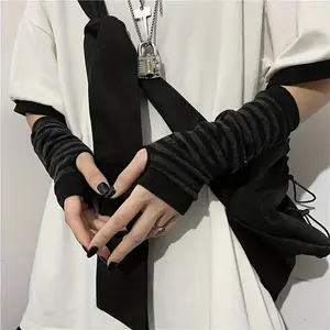 Medium Long Warm Fingerless Knitted Striped Colorless Gloves for Men and Women
