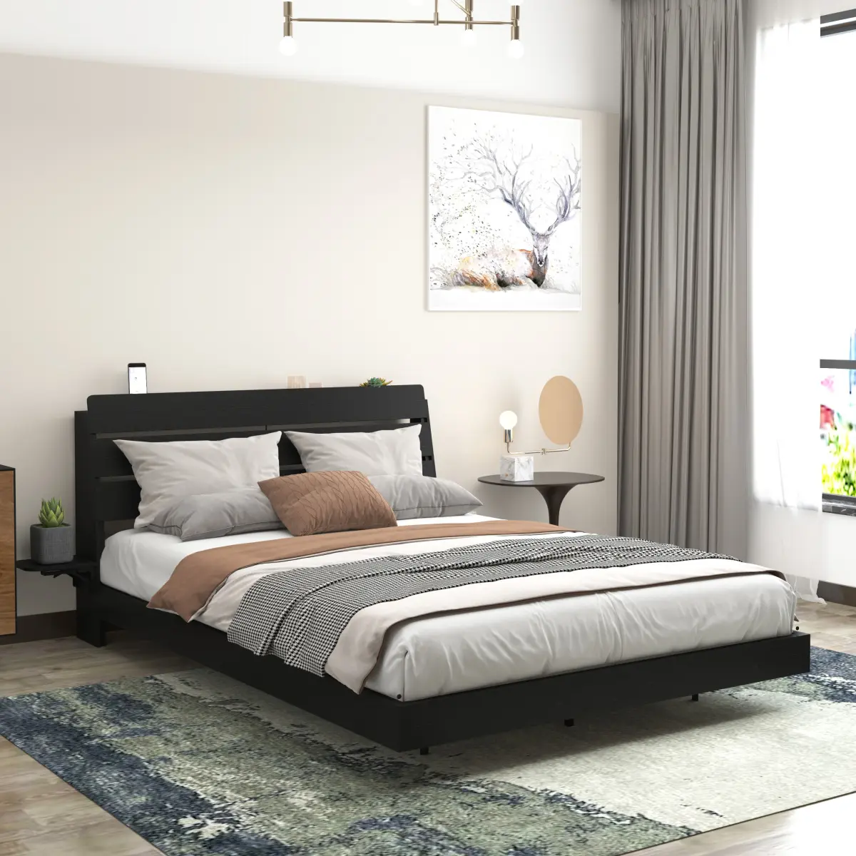 Queen Size Black Floating Wood Bed Frame with LED Light, USB Port, MDF+Metal Storage Headboard Compartments, Charging Station, Easy Assembly, No Box Spring Needed, 78.55 lbs, 88.26x60.94x37.60 in, User Manual Included, Cozy Bedroom Furniture