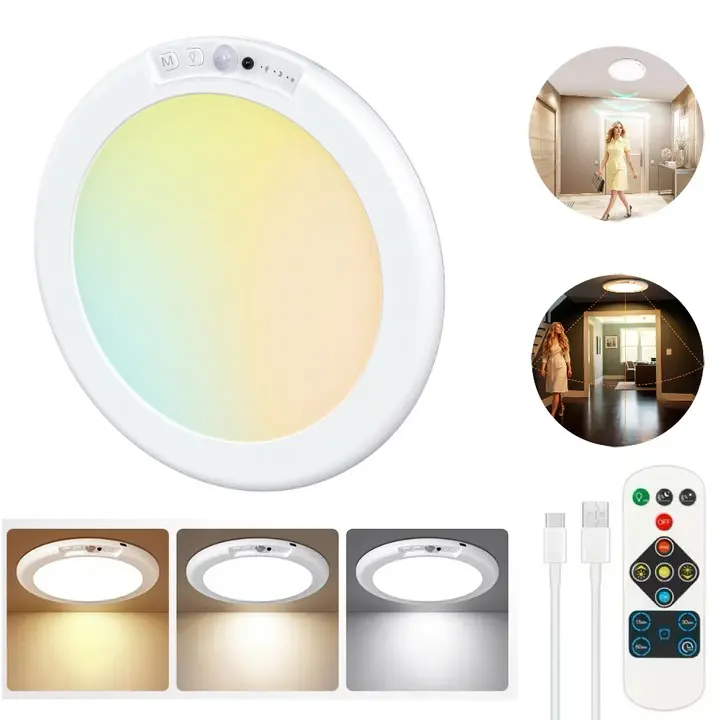 Rechargeable Motion Sensor Ceiling Light with Remote - 3 Color Temperatures, 4 Brightness Levels, Adjustable Magnetic Dimmable Indoor LED Light (0.5 Inches Thickness) for Closet, Cells, Easy Installation