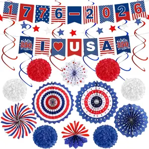 4th of July Decorations Set - 250th Anniversary Patriotic Red White Blue Paper Fans, USA Banner, Star Streamer, Pom Poms, Hanging Swirls for American Independence Day Party Decor
