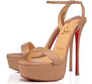 Christian Louboutin Loubi Queen Alta 150 Nude Leather Ankle Strap Platform Sandal Stiletto Heel Pump