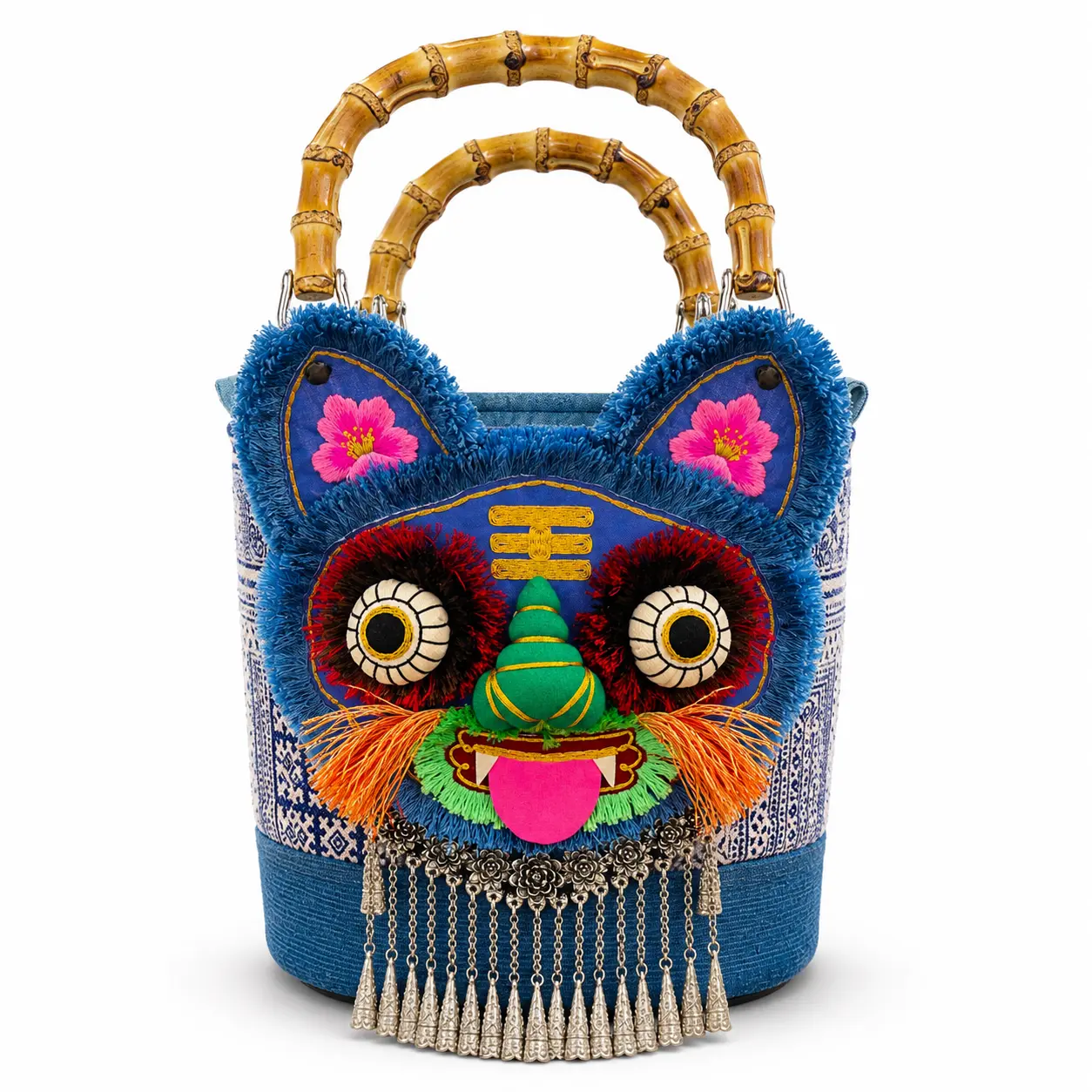 Women's Handmade Miao Tiger Head Top-Handle Bucket Purse - Indigo Batik Fabric, Traditional Embroidery, Bamboo Handles, No Mass Production, Strong Cultural Identity, Crossbody Shoulder Bag, Ethnic Art Gift