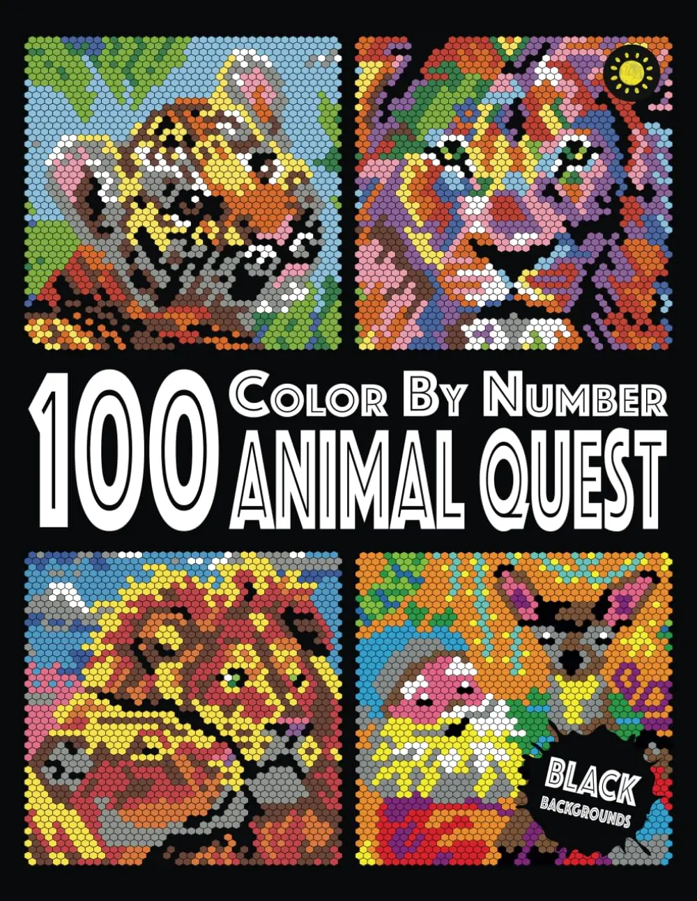 100 Animal Quest Color By Number (Black Backgrounds): color quest activity book with 12-color palette