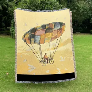 Hot Air Balloon Pattern Bohemian Fringe Multi-Functional Bed Blanket, Tapestry, Camping Blanket, Small Throw — Yarn Knitted, Thick and Breathable, Non-Print, Fade-Resistant, Pilling-Free, for Home, Office, Travel, Outdoor Camping, and Picnics