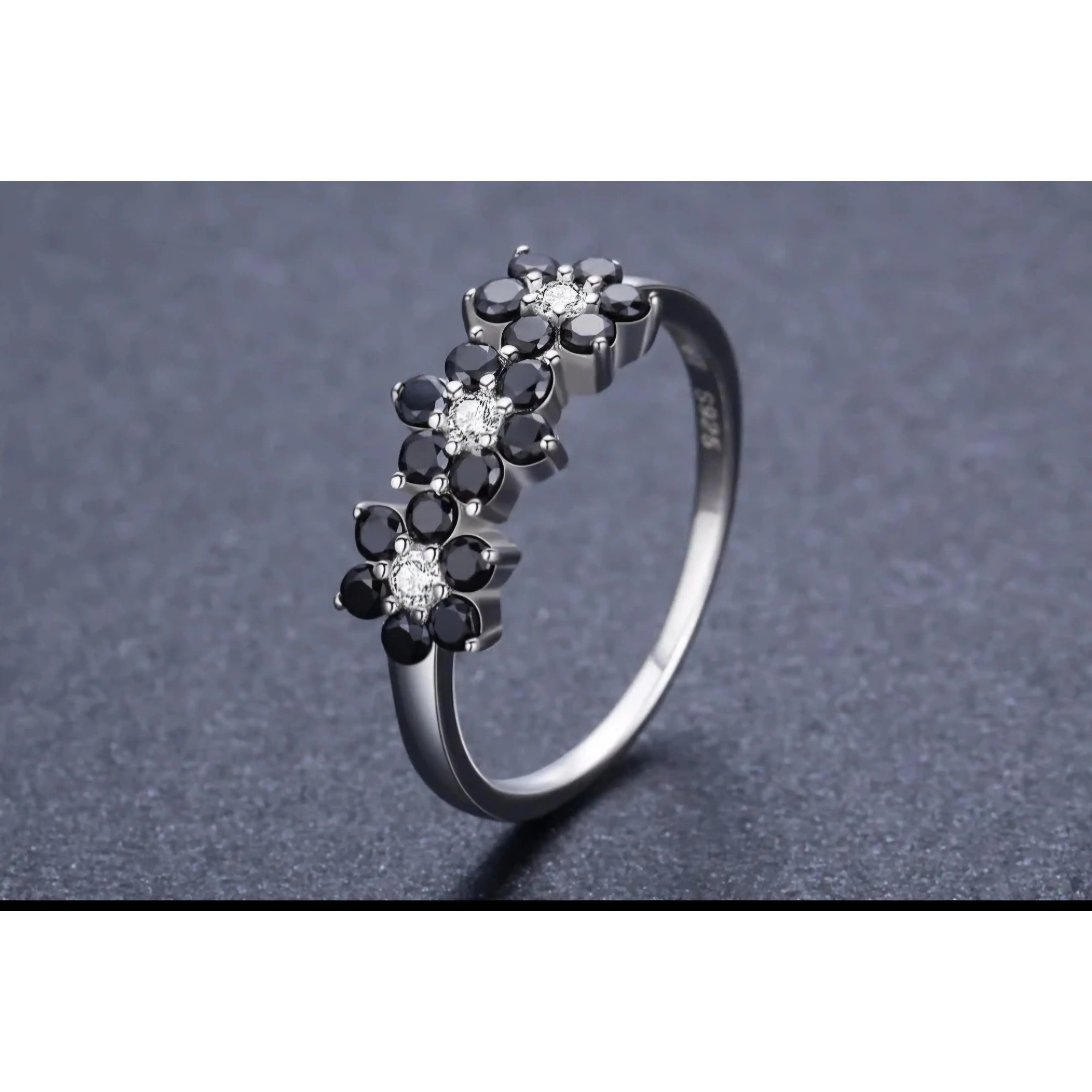 925 Sterling Silver Black Spinel Flower Ring.