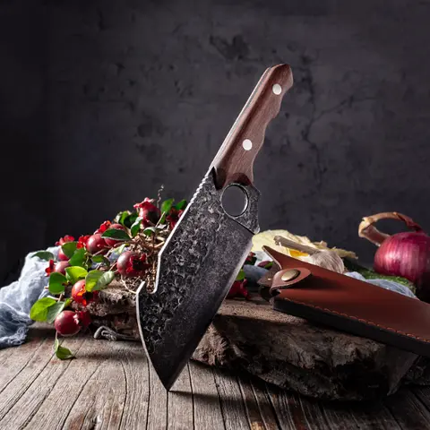Thick Plain Rustproof Stainless Steel Cooking Knife - Solid Wood Handle, Newly Forged Durable Multi-Functional Ultra-Sharp Modern Kitchenware for Slaughtering, Meat Cutting, Multi Functional Knives