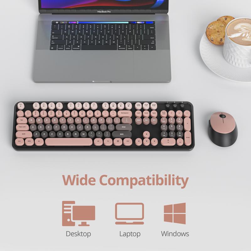 Wireless Keyboard and Mouse Combo, Cute Keyboard and Mouse, Full Size Typewriter Keyboard with Number Pad, Retro Round Keycaps, USB 2.4GHz Connection for Windows PC Laptop