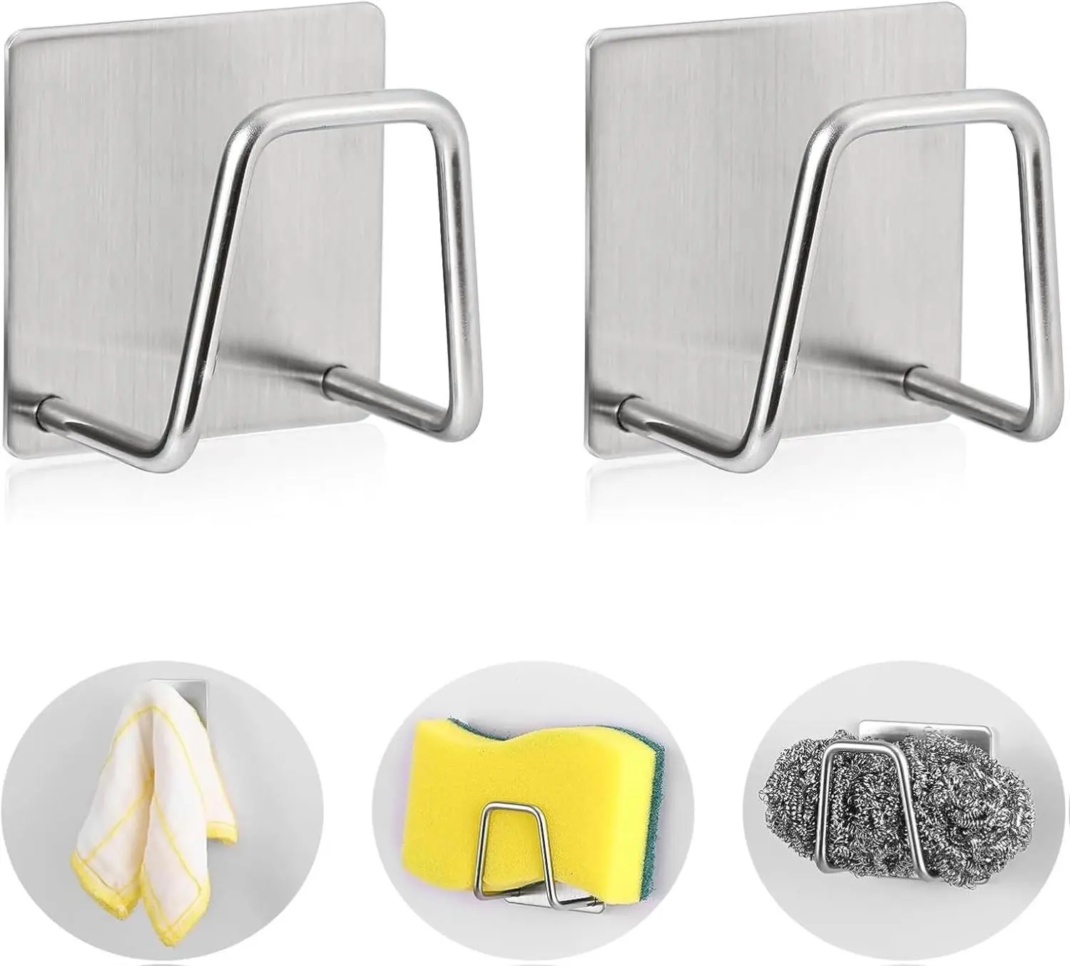2-Pack Rectangle Kitchen Sink Sponge Organiser - Rustproof Brushed SUS304 Stainless Steel Caddy Rack with Ceramic Accent, Smooth, Waterproof, Wall/Surface Mount, Drainage Design, Easy Installation, Space-Saving Storage