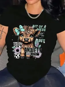 [Plus Size T-Shirt] Anxiety-Themed Women's Highland Cattle Graphic T-Shirt  Plus Size, Crew Neck, 210g, Casual Short Sleeve Top  Glossy Fabric, Perfect for SpringSummer