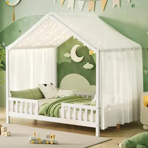 Montessori Floor House Bed with Canopy, Full/Twin Size House Shape Bed Frame with High Railings, Wood Bed with Roof, White