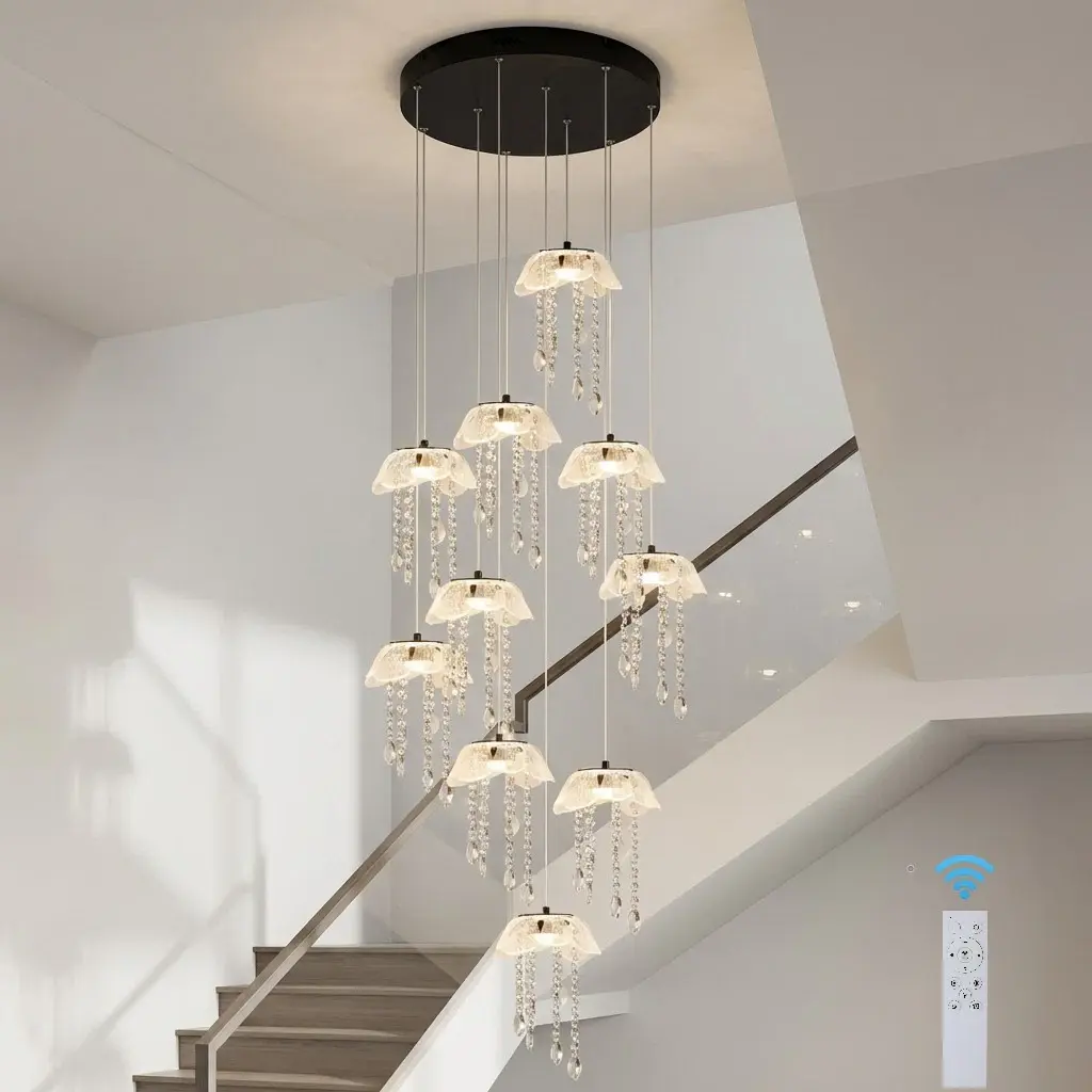 Modern Crystal Chandeliers for High Ceilings,10-Light Large Foyer Chandelier with Remote,Dimmable Jellyfish-Inspired LED Design Pendant Light Fixture for Staircase,Entryway,Dining Room