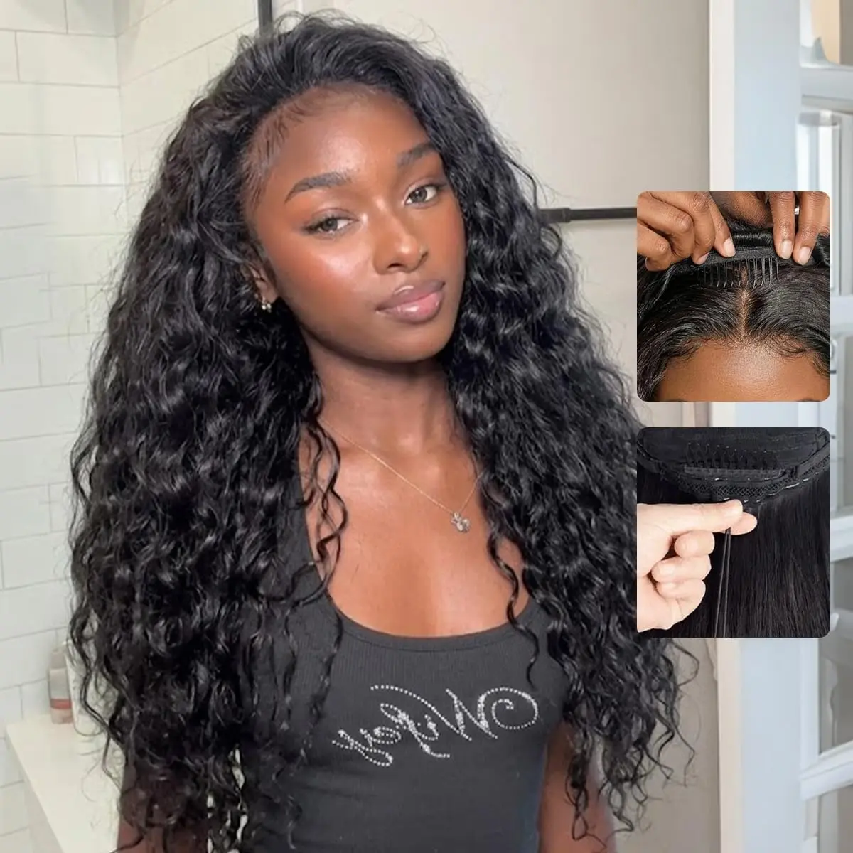 Deep Wave Half Wig Human Hair 20 24 Inch Wear And Go Glueless Curly Wig 200% Density 3 In 1 Seamless Flip Over Drawstring No Headband Wig For Black Women Beginner Friendly Natural Black