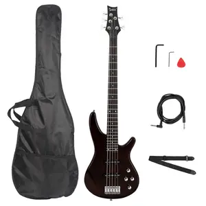 Full Size 5-String Electric Bass Guitar Earth Brown Basswood Body Maple Neck Rosewood Fingerboard Split Single-Coil Pickup with Bag Strap and Accessories