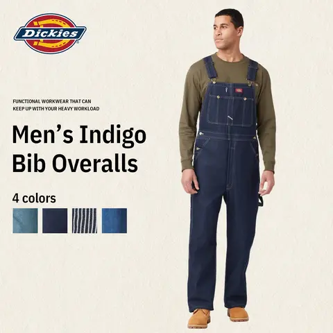 Dickies | Indigo Bib Overalls, Men's Overalls Workwear,100% Cotton,Multiple Pockets,With Hammer Loop for Tools