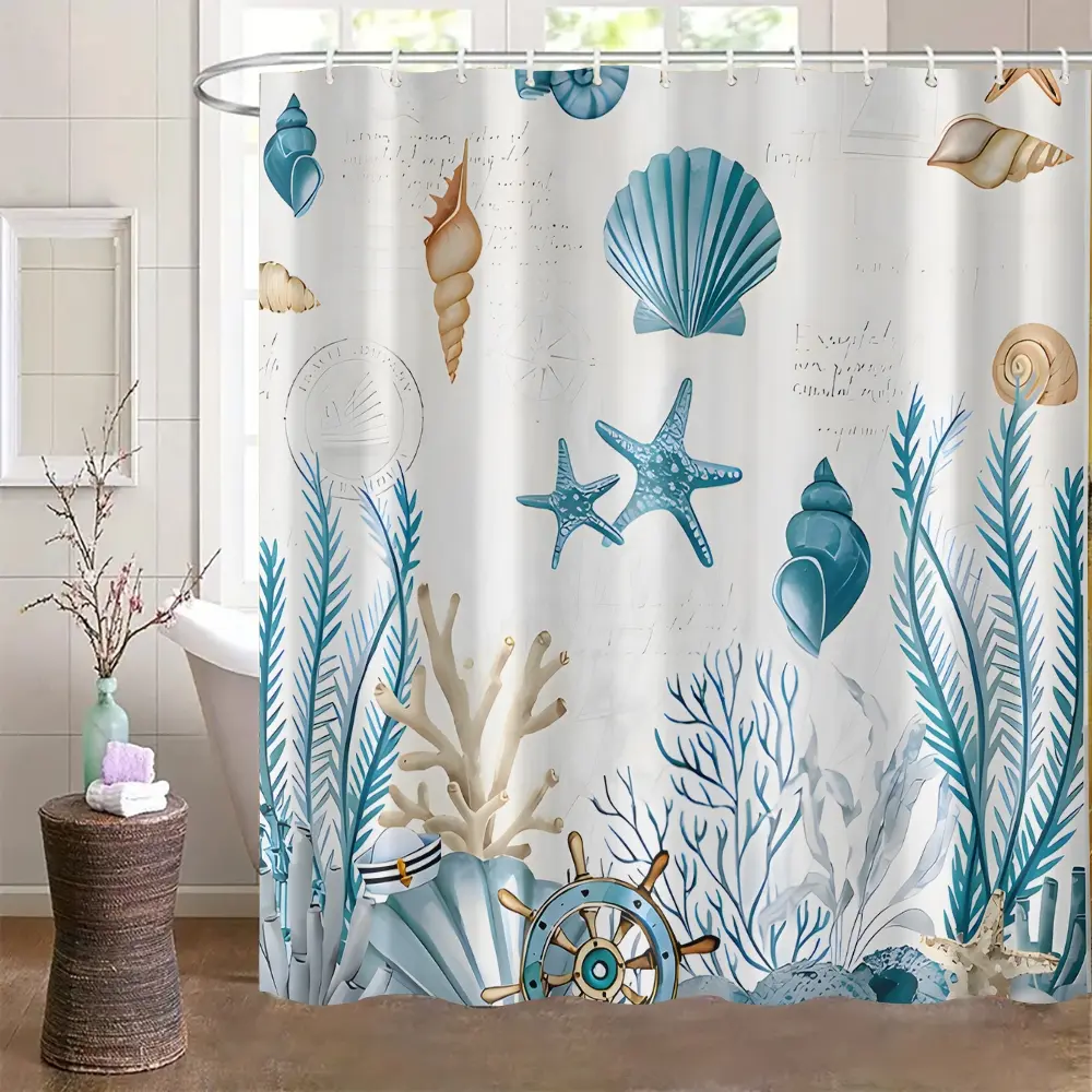 Marine Plant Bath Curtain with Large Unframed Mesh Opening, Turquoise-Blue Minimalist Design, Suitable for Hotels, Room Decor, Bathroom Decor, Home Décor, Bathroom Decoration Accessories