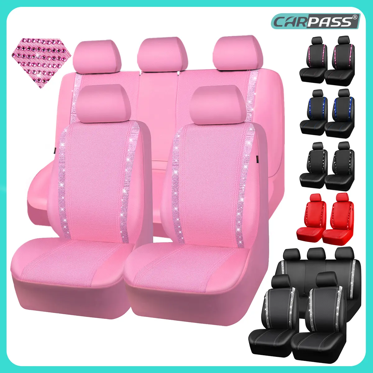 CAR PASS Bling Car Seat Covers Leather,Waterproof Shining Rhinestone Pink Accessories Universal Fit Auto Glitter Crystal Sparkle,Cute Women Girl CAR PASS Bling Car Seat Covers Leather,Waterproof Shining Rhinestone Pink Accessories Universal Fit Auto Glitter Crystal Sparkle,Cute Women Girl