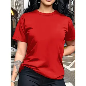Women's Short Sleeve T-Shirt 100% Cotton Red Basic Solid Tee 10 Colors Available Stylish Versatile Casual Daily Wear Layering Trendy Fashion Top for Ladies