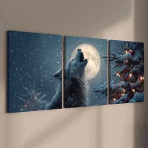 3-Piece Christmas Canvas Art Set, Natural Wood Frame, Wolf Under Full Moon, Modern Home Decor, Waterproof Wall Hanging, Waterproof Artwork, High-Definition Print, Festive Wall Art, Living Room & Bedroom, Unique Christmas Theme, Holiday Decor