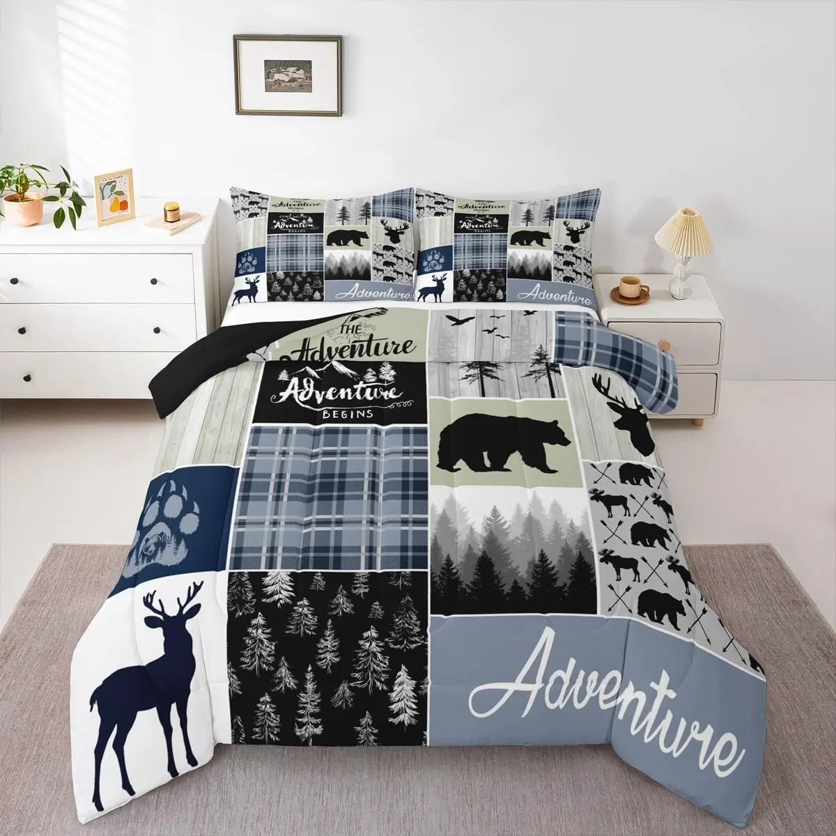 Feelyou Rustic Deer Bear Comfy Theme Bedding Set - Country Farmhouse Cabin Lodge Decorative Bedspread Quilt Set for Bedroom Adventure, Comfy Bedding Set