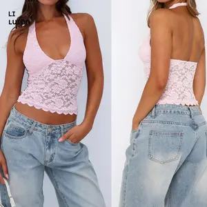 Women Sexy Low Plunge Lace Halter Top Sleeveless Backless Sheer Lace Vest Tops Streetwear