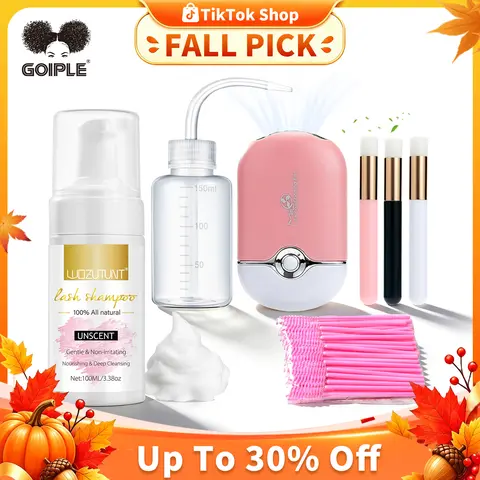 Goiple Lash Shampoo Kit for Eyelash Extensions - Gentle Nourishing Lash Mousse Cleanser 100ml Unscented with Lash Brushes, 50 Mascara Wands, Portable USB Fan, Plastic Wash Bottle for Salon & Daily Care