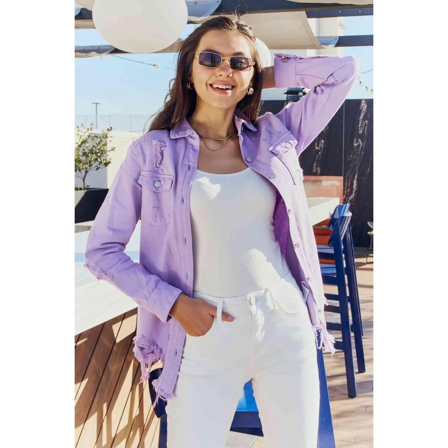 American Bazi Full Size Distressed Button Down Denim Jacket in Lavender