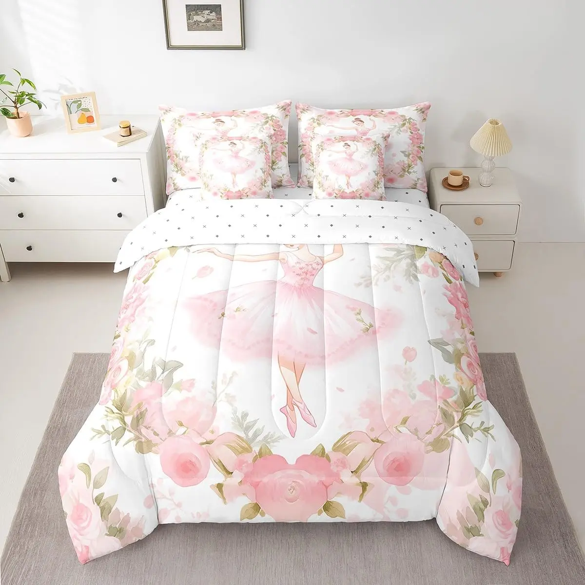 Ballet Bedding Set,7 Piece Cute Ballet Comforter Set with Sheets &,Dancing Bed in a Bag,Pink Rose Bed Set