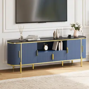 Luxury 70" Four-Door TV Stand - Modern Entertainment Center with MDF Wave Design, White & Navy Blue Faux Marble Top, Gold Metal Accents, Adjustable Shelves, Soft Closing Hinges - Media & Game Storage