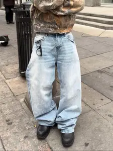 Men's New Light Wash Wide Leg Jeans, Thin Loose Fit Korean Style Streetwear Straight Vintage Long Pants, Casual Denim Woven Fabric for All Seasons