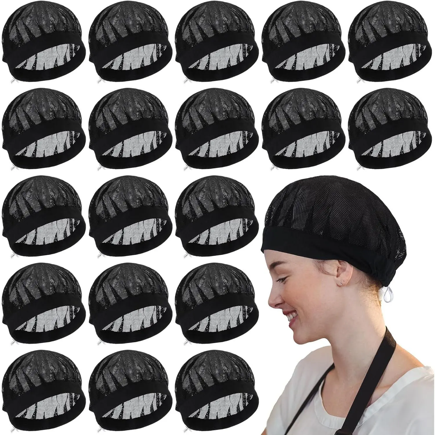 20 Pcs Adjustable Cotton Chef Caps - Lightweight Mesh Cooking Hats with Buckle, Reusable Washable Bouffant Beanies for Kitchen Food Service Hair Coverage (Black)
