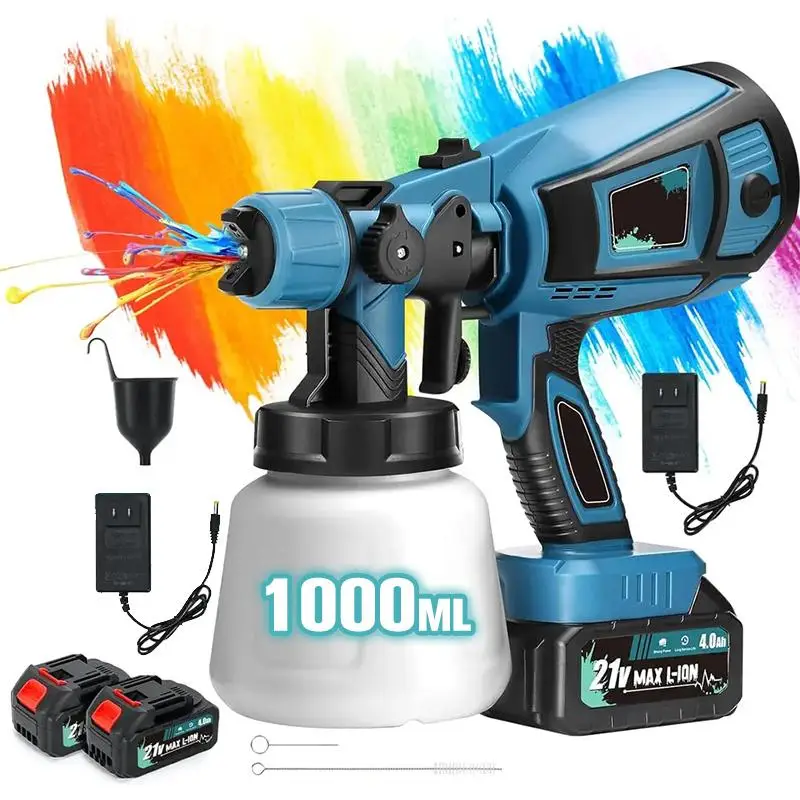 Cordless Paint Sprayer with 2 Batteries 21V 4.0Ah 1000ml Cordless Spray Paint Gun 3 Spray Modes 3 Nozzles Adjustable Flow Length for Home Interior Fur