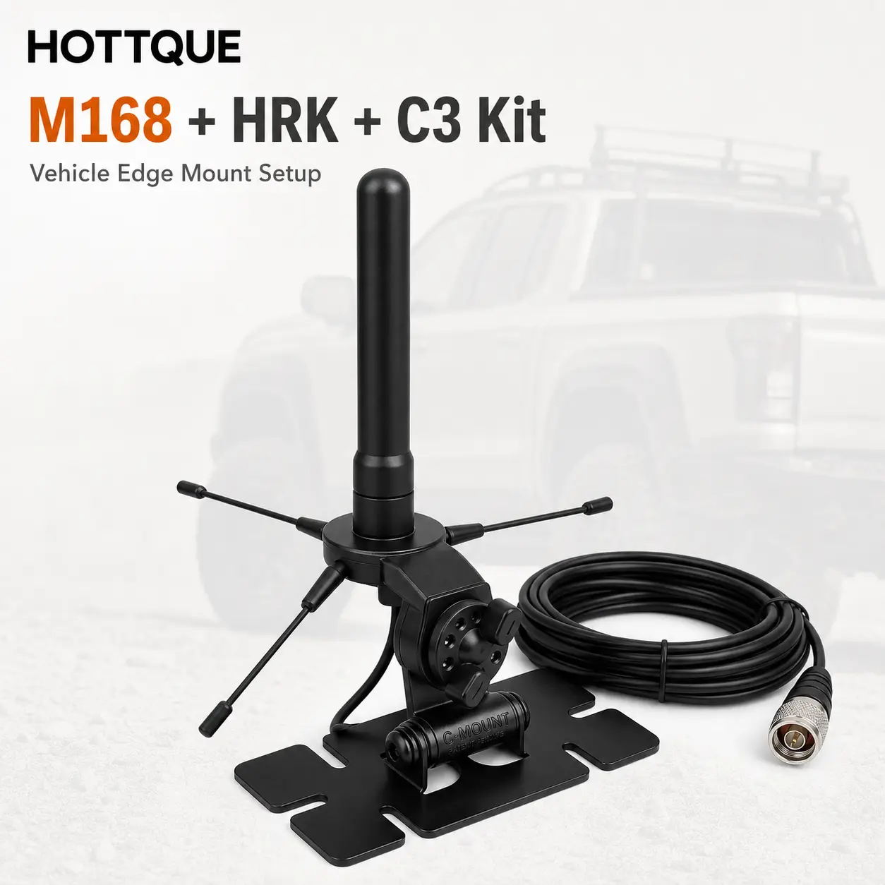 HOTTQUE M168 Plastic Vehicle Antenna Kit Set, 144/430 MHz Mobile Ham Radio Antenna with HRK Edge Mount & C3 Cable Harness for Truck/SUV/Pickup (m168+hrk+c3)