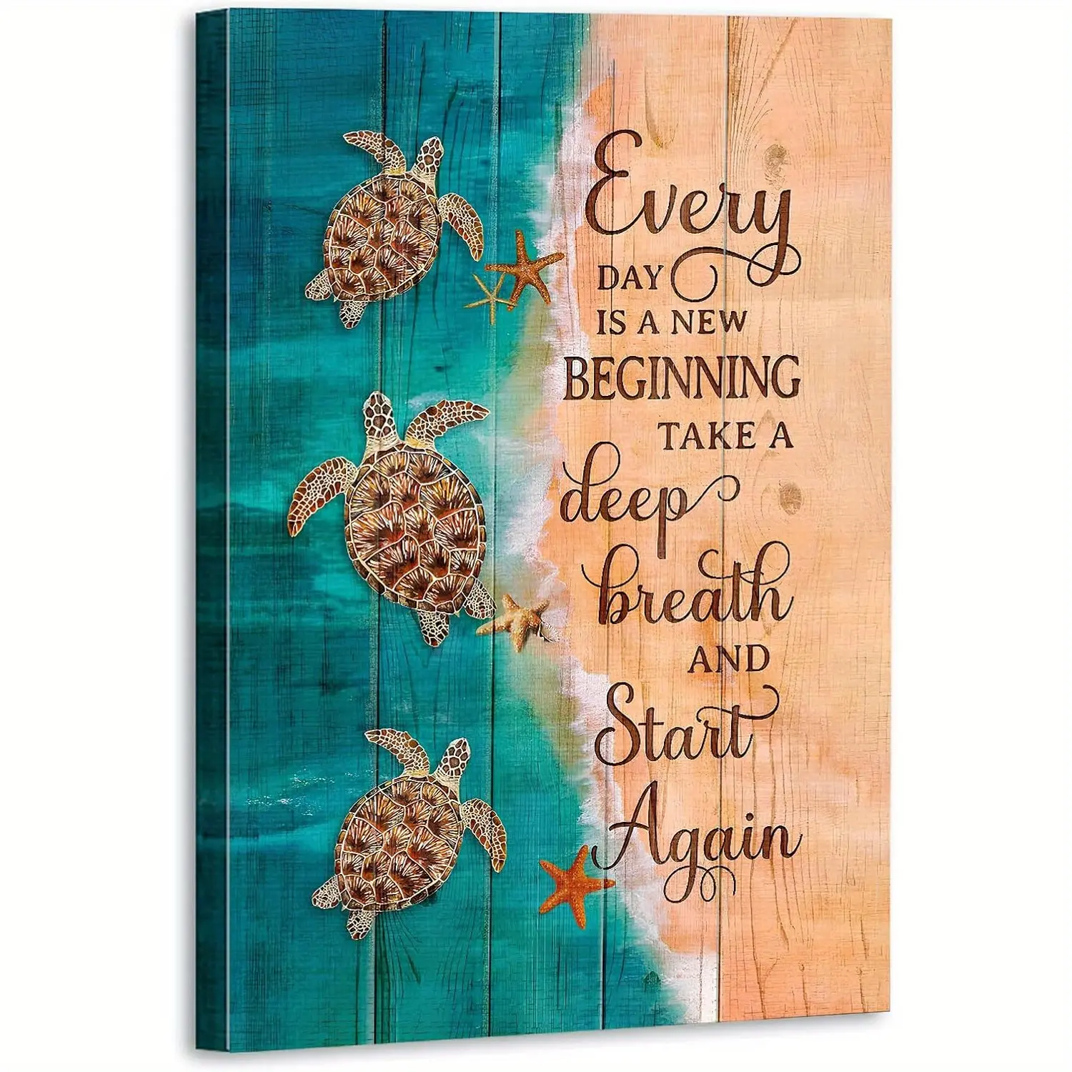 [1PC] Sea Turtle Wall Art Suitable for Home & Bathroom Decor - Vintage Sea Turtle Quote "Each Day is a New Beginning" Ink Wrap-Around Canvas Frame,Vertical Ocean Theme Painting,Wall Hanging for Bedroom,Dorm Decor Decoration Artistic