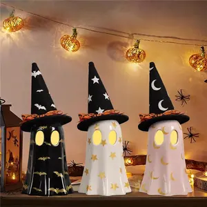 Halloween Decorations Indoor - Set of 3 Ceramic Ghost Figurines with Witch Hats, Cute Spooky Halloween Mantel & Shelf Decor, Tabletop Halloween Figurines, Fall Halloween Decor for Home, Witch Hat Ghosts for Halloween Party, candle warmer, home decor