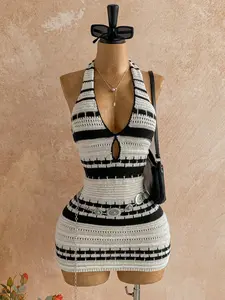 Women's Striped Hollow Out Knit Dress, Perfect for Vacation, Beach, Casual Wear, Stylish Summer Fashion, Comfortable and Elegant, Casual Boho Dress, Casual Fashionable Dress, Womenswear