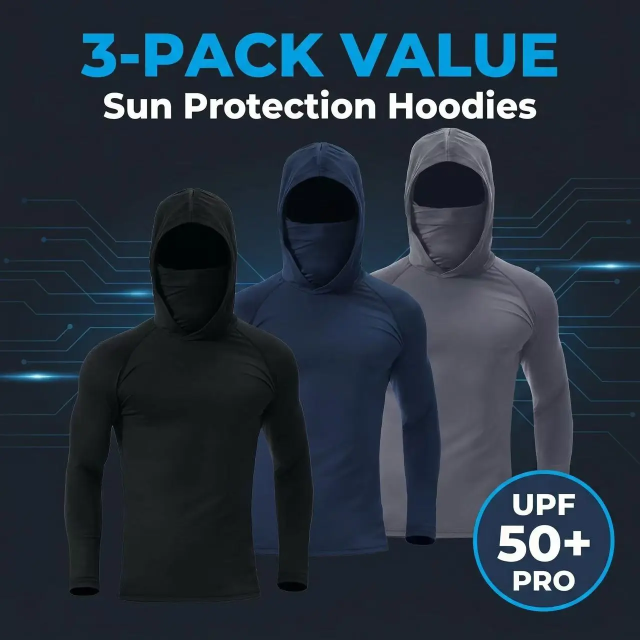 3pcs Men’s Quick-Dry Windproof Hooded Compression Shirts with Face Mask, Long Sleeve Athletic Tops for Running, Workout & Outdoor Activities