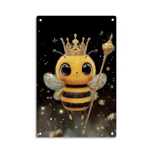 Cute Queen Bee with Crown And Scepter Tin Sign， Vintage Adorable Cartoon Bee Metal Sign Print Aesthetic Room Decoration for Home Bedroom Kitchen Bar Dorm Bathroom Wall Decor 8 X 12 Inch