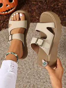 Chunky Platform Slide Sandals for Women, Adjustable Buckle Open Toe, Comfortable Heightening Non-Slip Summer Shoes