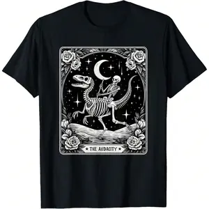 The Audacity Skeleton Riding Dinosaur Tarot Card Halloween T-Shirt