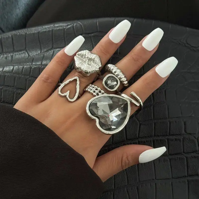 7pcs/Set Luxury Temperament Geometric Metal Square Heart Acrylic Diamond Opening Rings For Women Fashion Jewelry Accessories