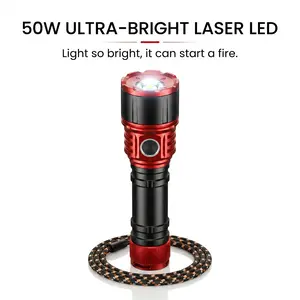 50W LaserLED Flashlight with 5050 Chip, Ultra Bright Fire-Starting Light, 14cm Compact Pocket Size, Fixed Focus Broad View for Outdoor Camping & Hiking