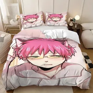 3Pcs Saiki Kusuo Anime style warm illustration Pattern Skin-Friendly Fashion Print, Lightweight Soft Bedding Set, Great Christmas & Birthday Gift Choice, All-Season for Guest Room & Home, 1 Duvet Cover 2 Pillowcases (No Insert)