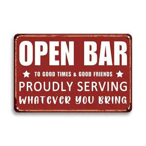 Open Bar Letter Pattern Vintage Metal Tin Sign, Humorous Funny Beer Bar Wall Hanging Poster, Retro Art Decor Plaque for Home Living Room Dining Room