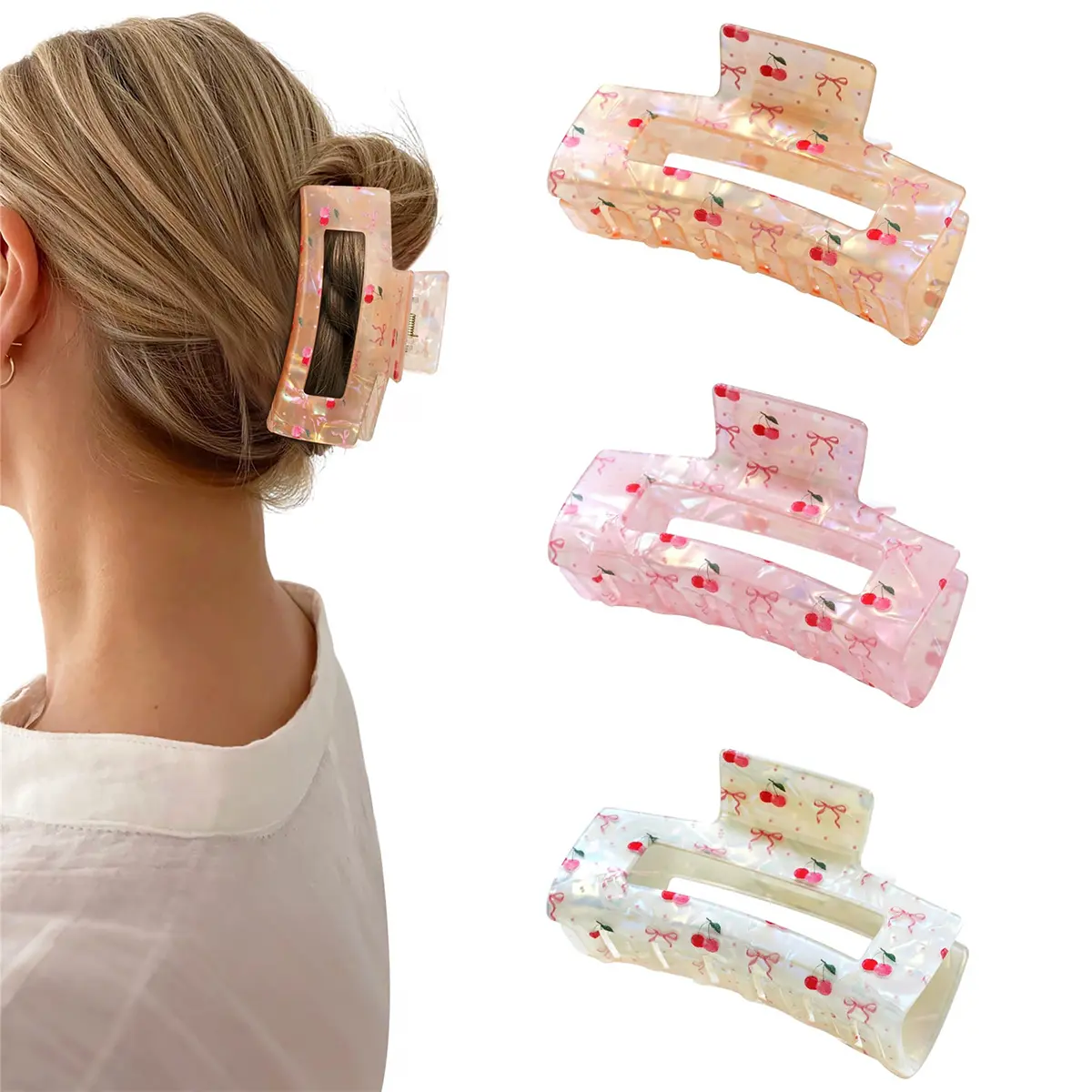 3 Pack Bow Cherry Printed Hair Claws Clips Non-slip 3.54" Medium Square Hair Grip Clawclips Acrylic Strong Hold Banana Clips Hair Accessories,summerwins