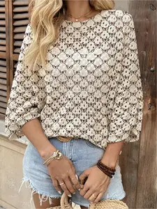 Spring and summer style, Tops, round neck hollow-out bat blouse with shoulder sleeves, collision color diamond stitching print women's knit blouse, holiday style, casual commuting, boho resort style seaside blouse